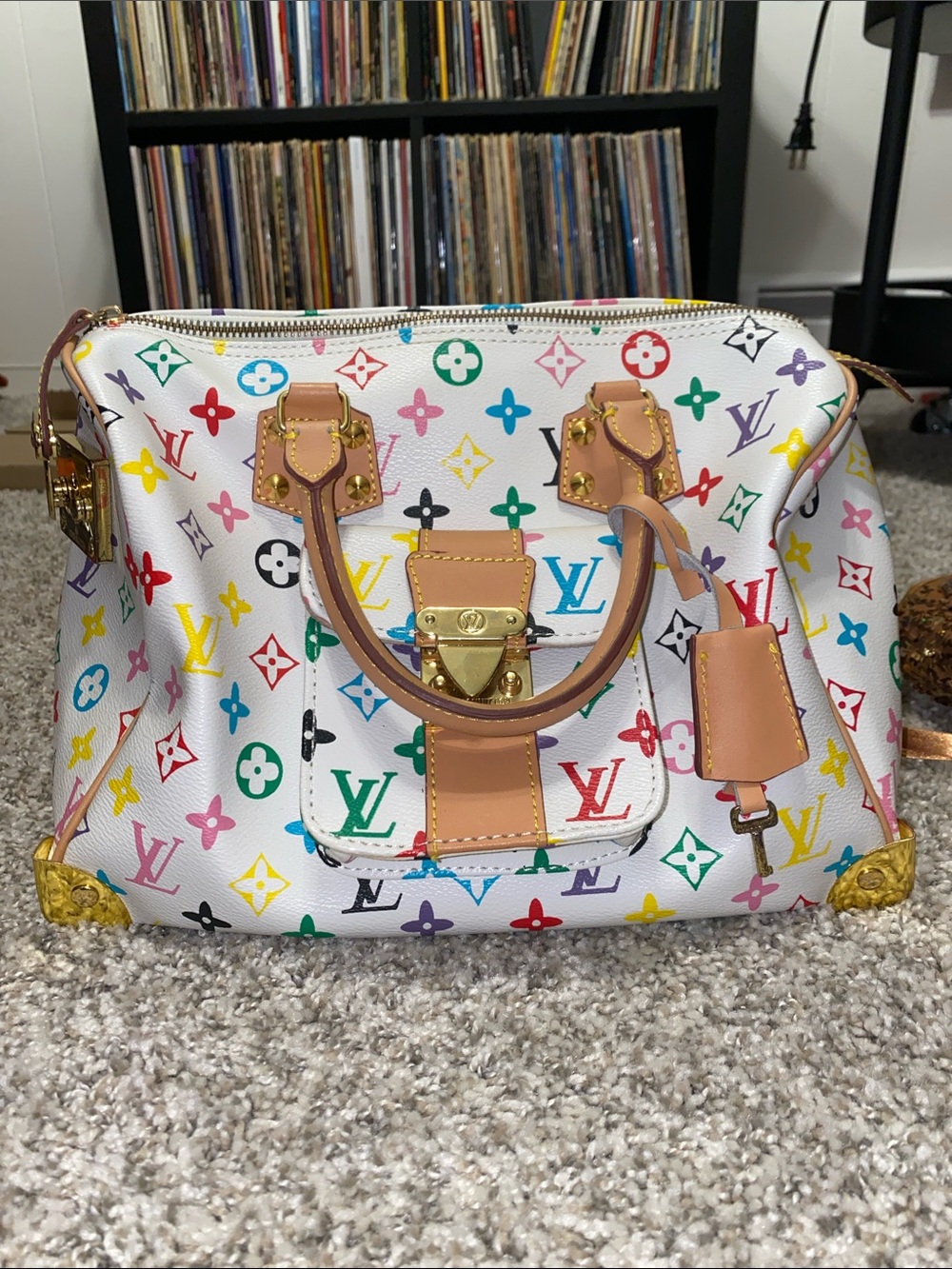 Louis Vuitton White Multicolor Monogram Satchel with Tan Trim